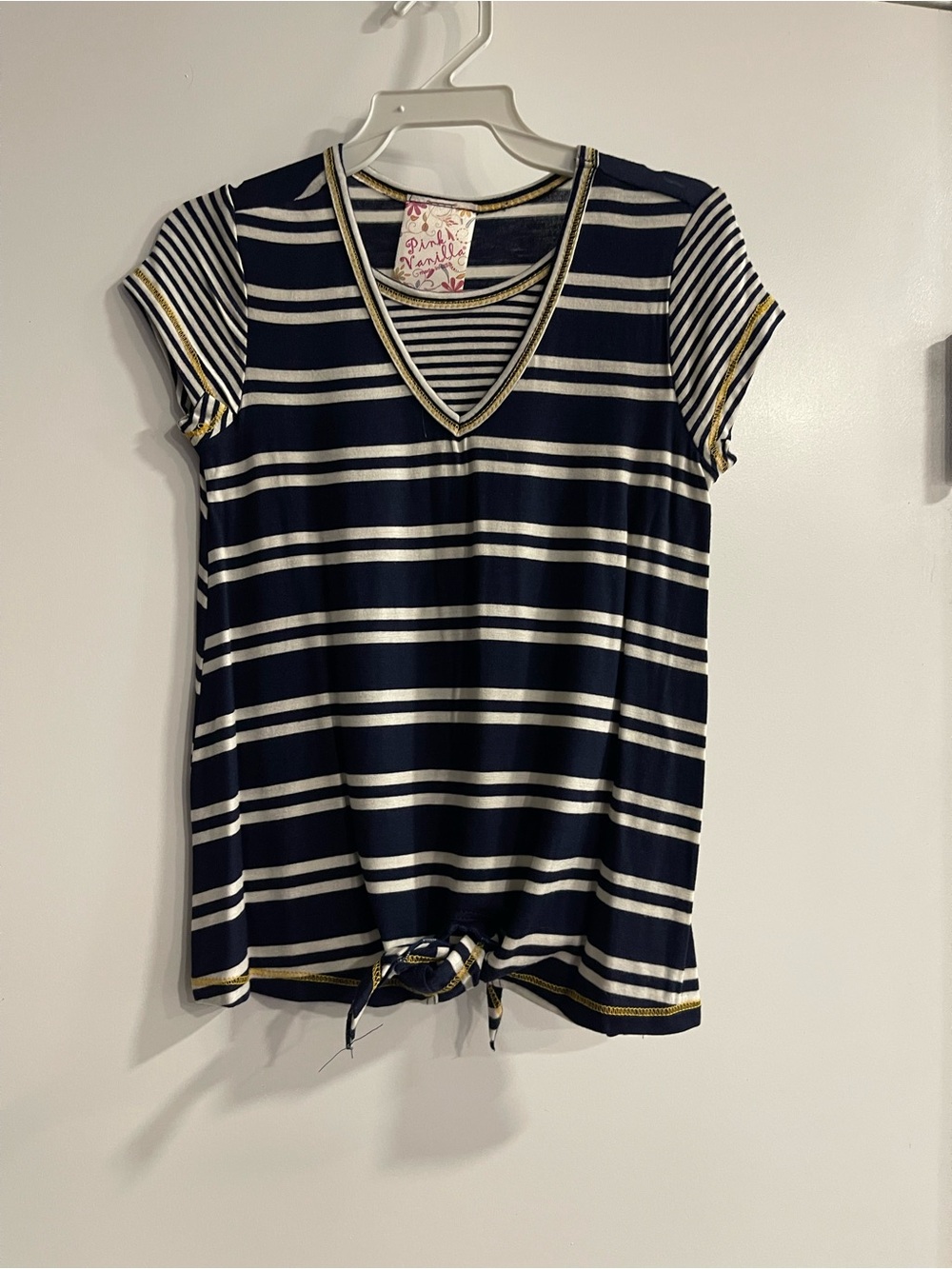 PinkVanilla Navy & White Striped V-Neck Tie-Hem Top